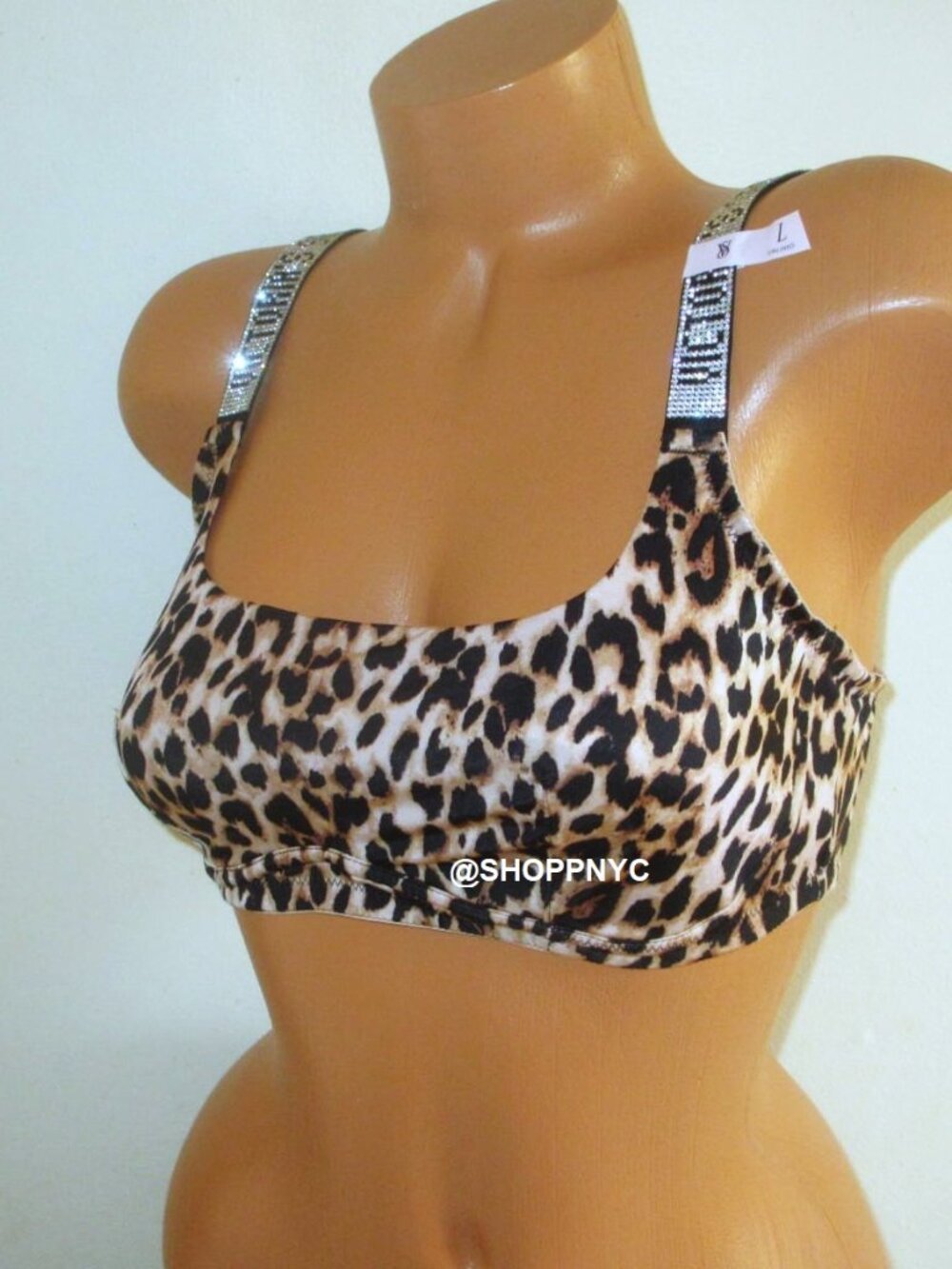VICTORIA SECRET Very Sexy Shine Strap Scoop Bralette Bra VS Logo Leopard LARGE